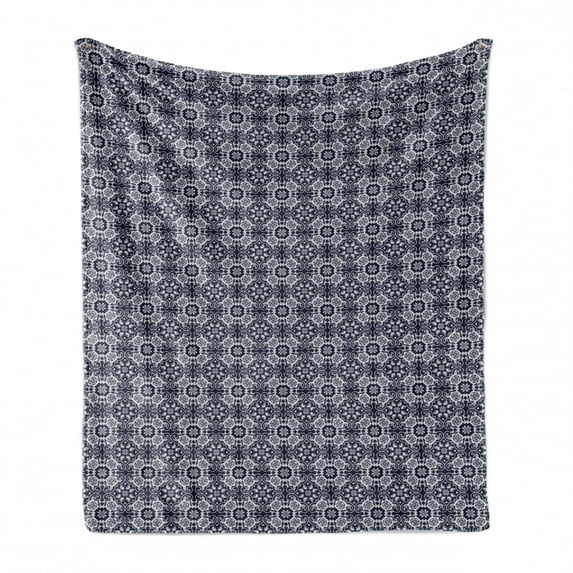 Navy Blue Soft Flannel Fleece Throw Blanket, Japanese Inspired Curves Lace Arrangement Antique Floral Composition, Cozy Plush for Indoor and Outdoor Use, 50" x 60", Navy Blue White, by Ambesonne