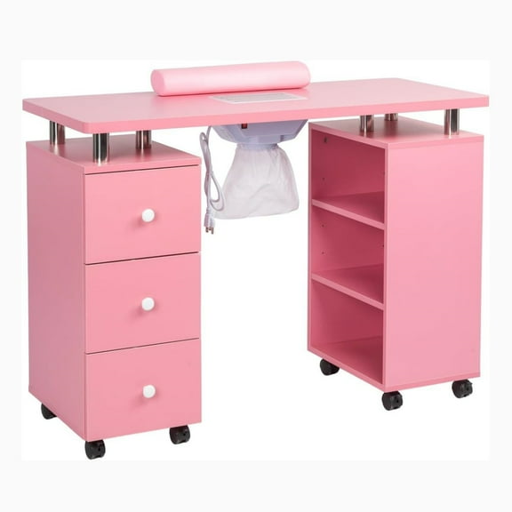 UBesGoo Manicure Table with Dust Collector, Wrist Cushion, Storage Drawers, Pink