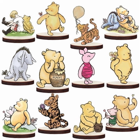 12Pcs Winnie Centerpieces for Baby Shower Decorations Classic Wood Cutout Shapes Creatures Table Toppers Birthday Party Supplies