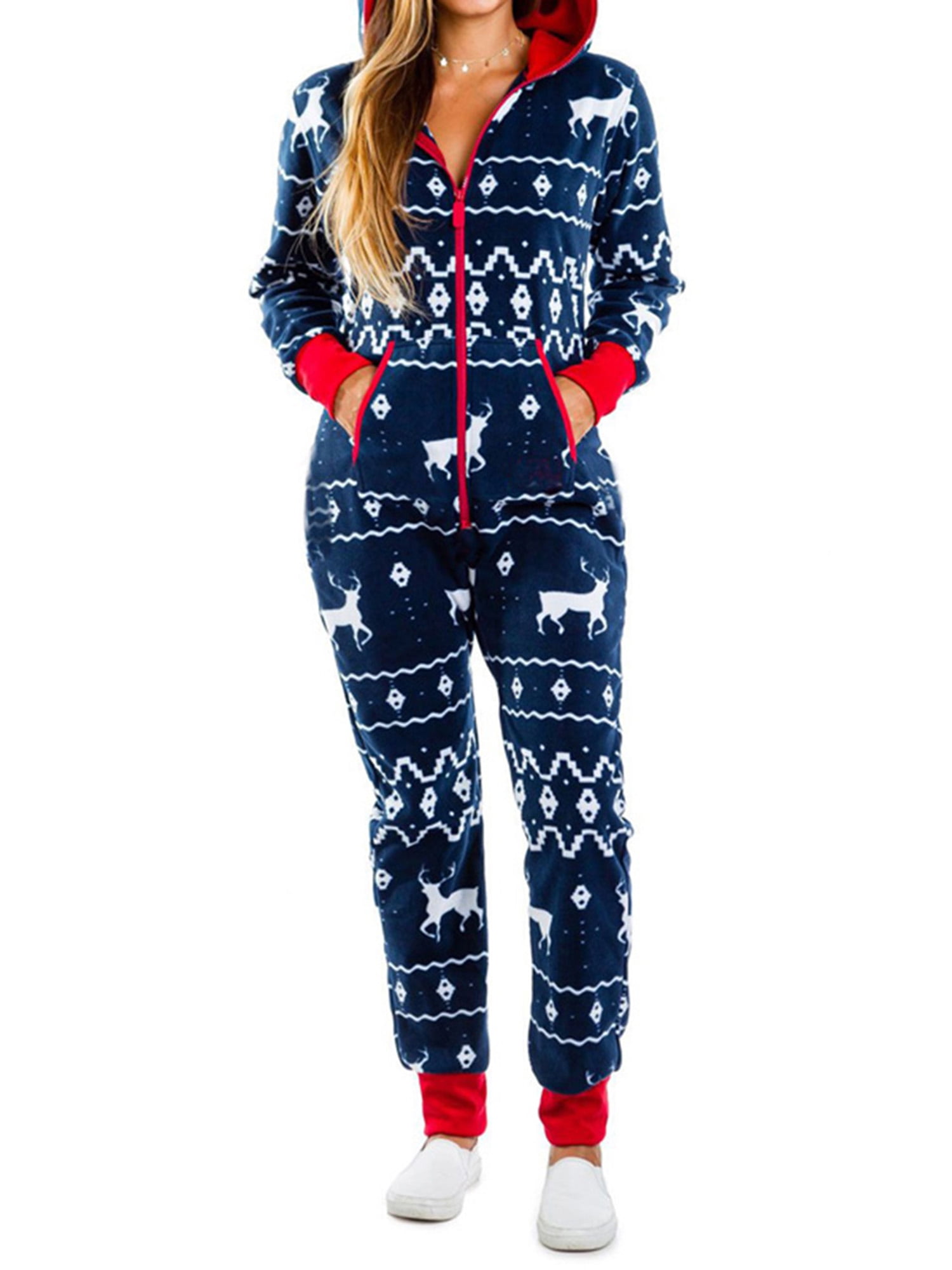 Womens Warm Fleece Pajamas One Piece Jumpsuit Zip Front Sleepsuit With Hooded Walmart Com