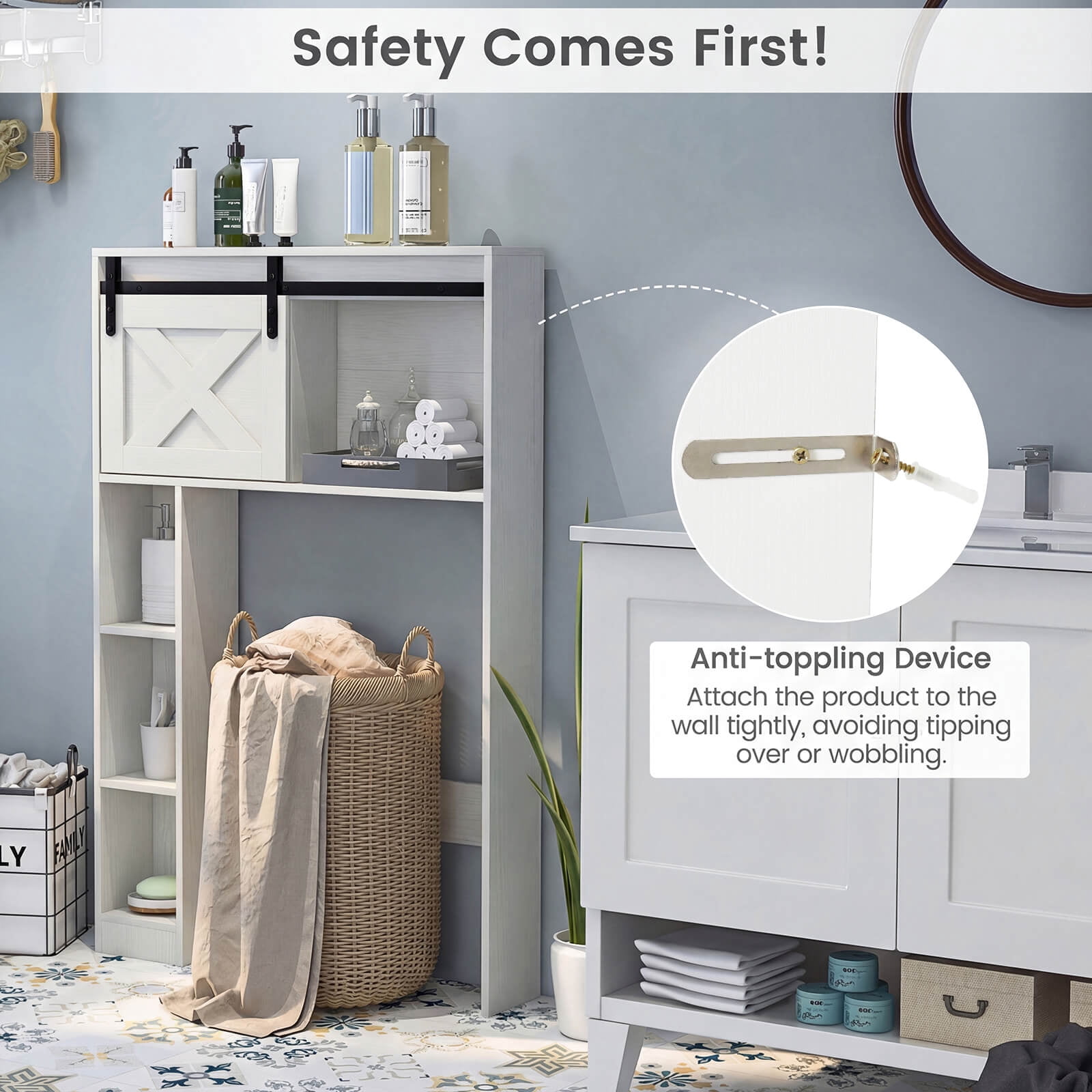Costway Over the Toilet Bathroom Storage Cabinet with Sliding Barn Door & Shelves White