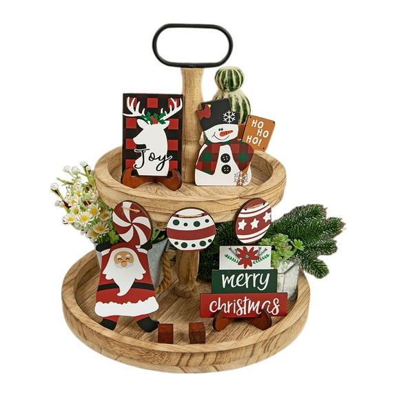 LYCAQL Christmas Tiered Tray Decor Farmhouse Xmas Snowman Tray Decorations Set Red Buffalo Plaid Elk Santa Claus Candy Wooden Signs Winter Home Decor for Tabletop Shelf Mantel