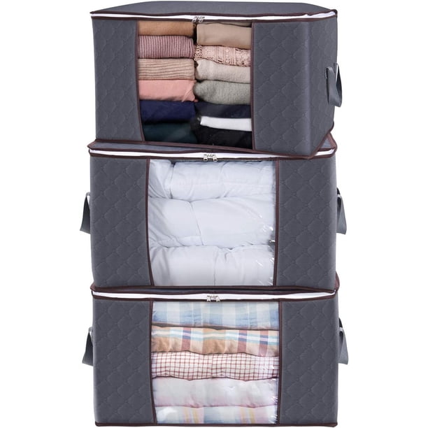 Bolsa organizadora de ropa de gran capacidad con asa reforzada, tela gruesa para edredones, mantas, ropa de cama, plegable con cremallera resistente, ventana transparente, paquete de 3,