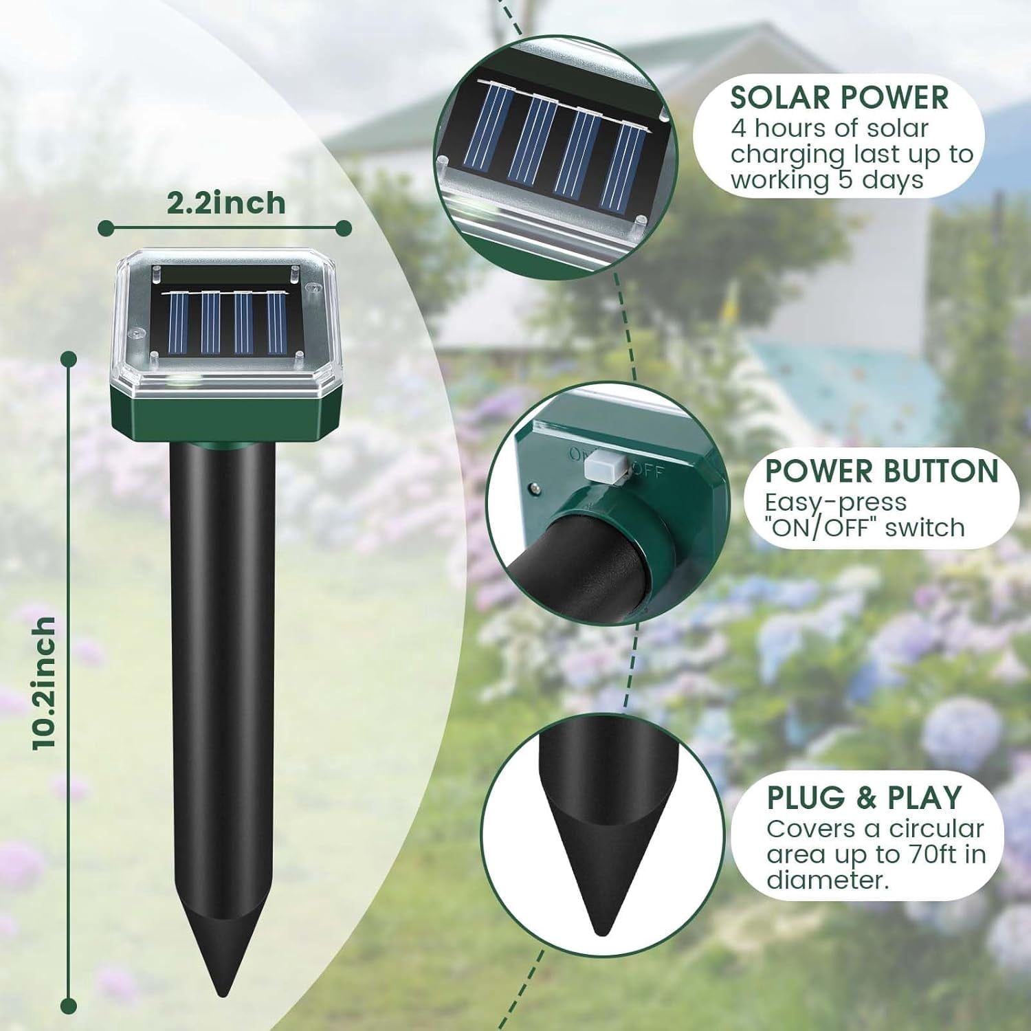 4 Pack Mole Repellent Solar Powered, Ultrasonic Pest Repeller Outdoor for Lawns & Gardens, Chipmunk, Gopher, Snake Deterrent, Deer Repellent Devices, Weatherproof, Dark Green