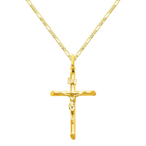 Wellingsale 14k Yellow Gold Polished Catholic Crucifix Cross Charm Pendant with 2mm Figaro Chain Necklace - 16"