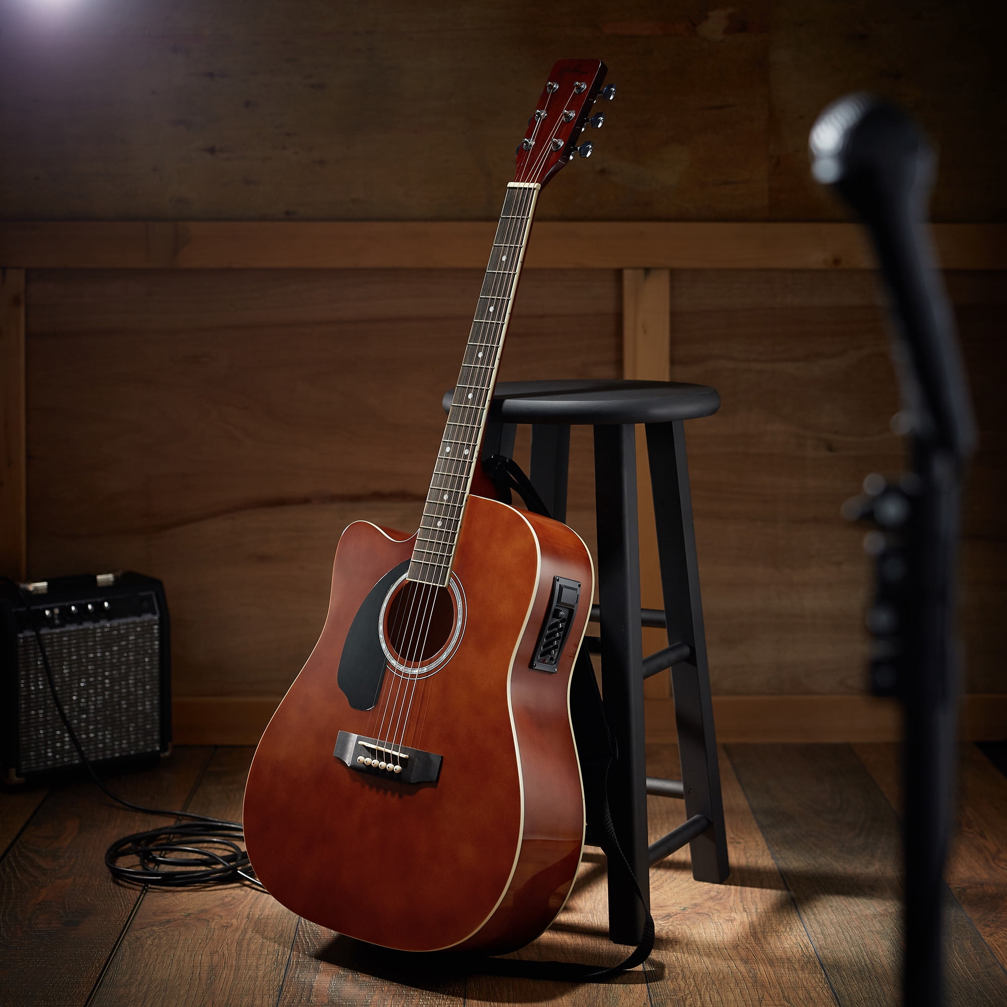 Ashthorpe Left-Handed Full-Size Cutaway Dreadnought Acoustic Electric Guitar Package, Brown