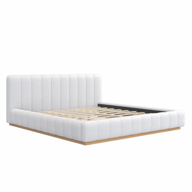 King Size Boucle Upholstered Bed Frame, Low Profile Wooden Platform Bed, No Box Spring Needed Floor Bed with Padded Headboard
