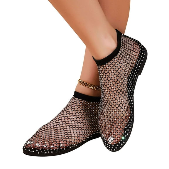 Luxtrada Comfortable Mesh Flats for Women Fishnet Sandals Low Heel Slip on Rhinestone Shoes (Black,US 5-6)