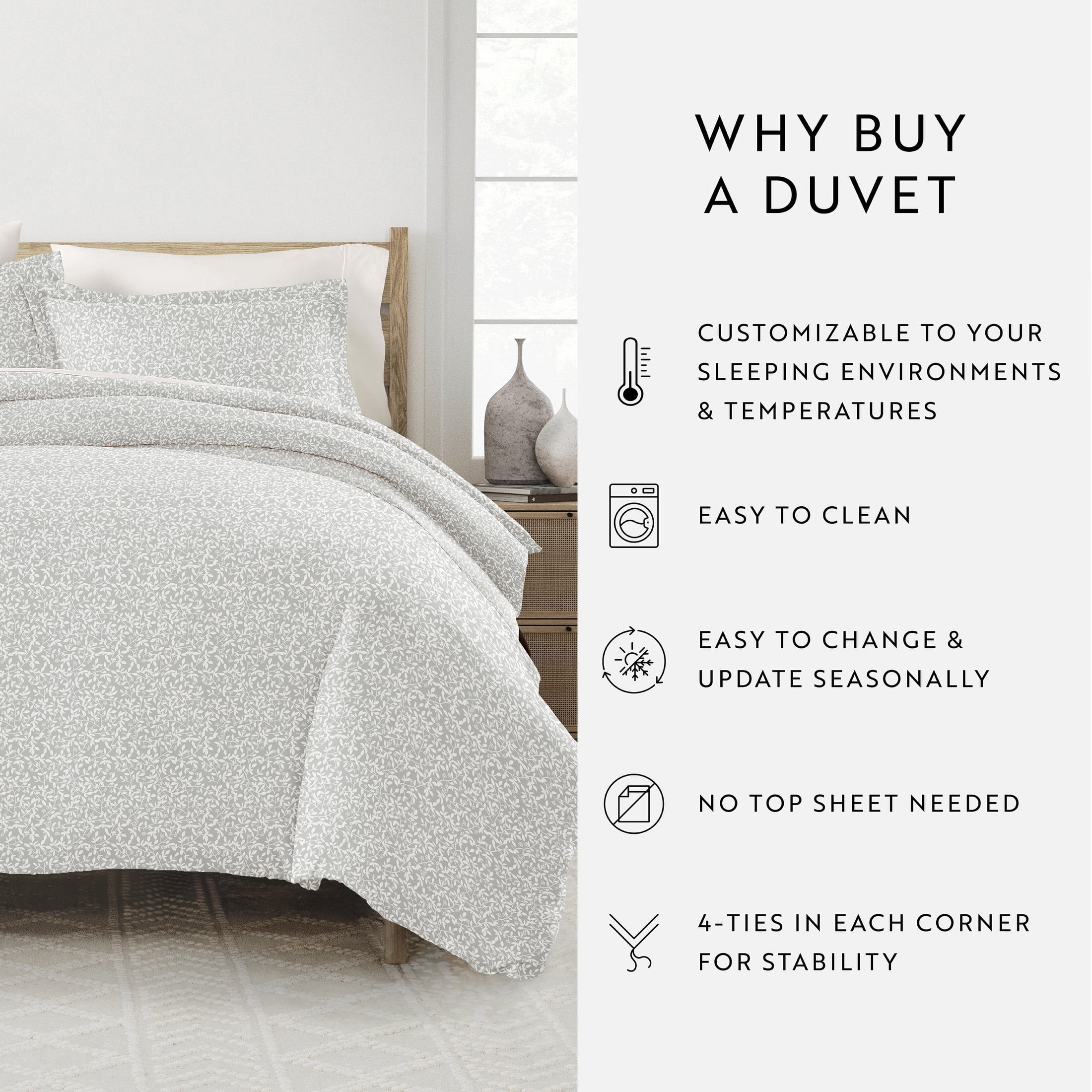 Noble Linens Gray Vine Trellis Print 3-Piece Duvet Cover Set, Full/Queen