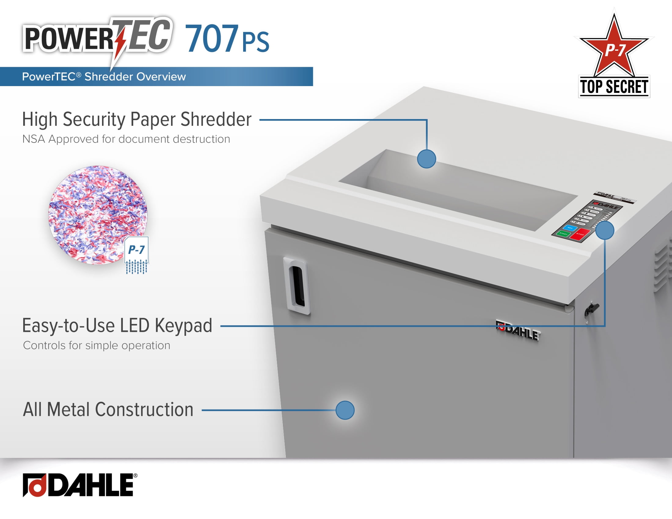 Dahle PowerTEC 707 PS High Security Paper Shredder for Top-Secret Documents, Auto Oiler, Level P-7