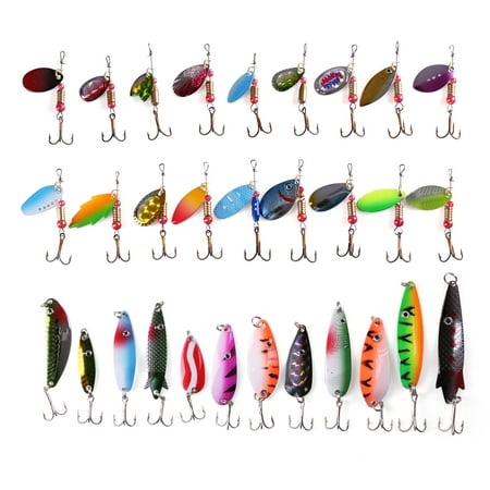 30 PCS Metal Fishing Lures Treble Hooks Assorted Inline Spinner Baits & Spoons Bass Salmon Trout Freshwater