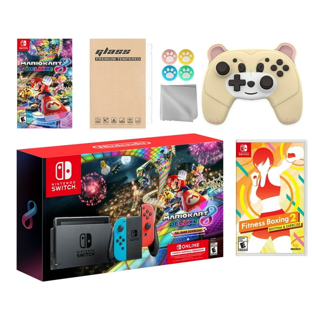 Nintendo Switch Mario Kart 8 Deluxe Bundle: Red/Blue Console, Mario Kart 8 & Membership, Fitness Boxing 2: Rhythm & Exercise, Mytrix Wireless Pro Controller Peary Yellow Bear and Accessories