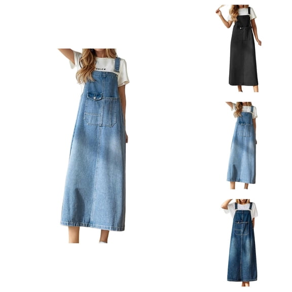 Denim Overall Dress for Women Summer Loose Casual Adjustable Strap A Line Midi Jean Dress