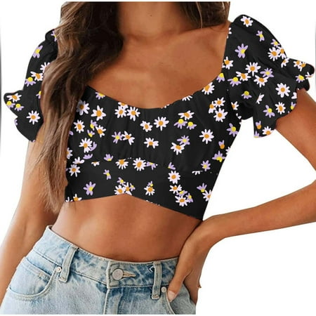 

Tank Top for Women Sexy Tops for Women Women s Flared Sleeve Short Sleeve Print Tie Off Shoulder Crop Top Blouse Tshirts Shirts for Women Shirts for Women on Sale Clearance Black L
