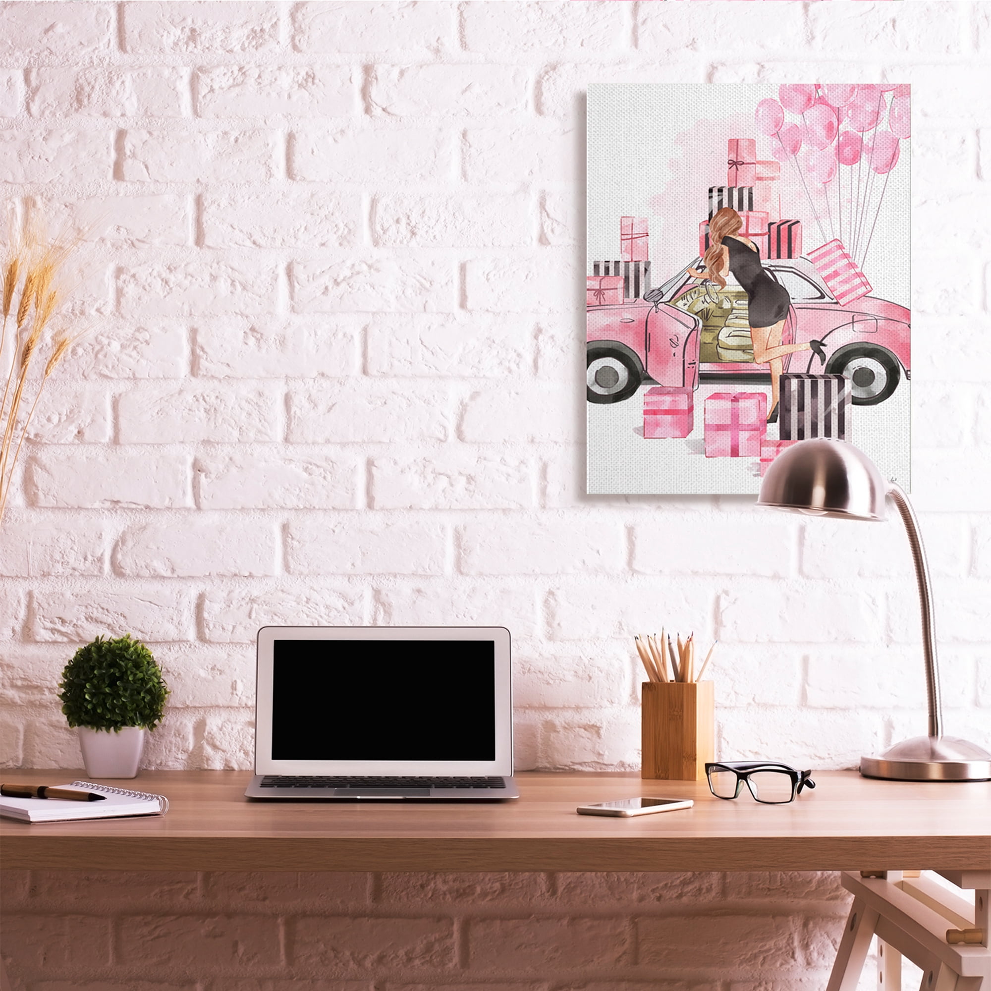 Stupell Industries Pink Fashionista Glam Car Stylish Gift Boxes Beauty & Fashion Painting Gallery Wrapped Canvas Art Print Wall Art, 30 x 40