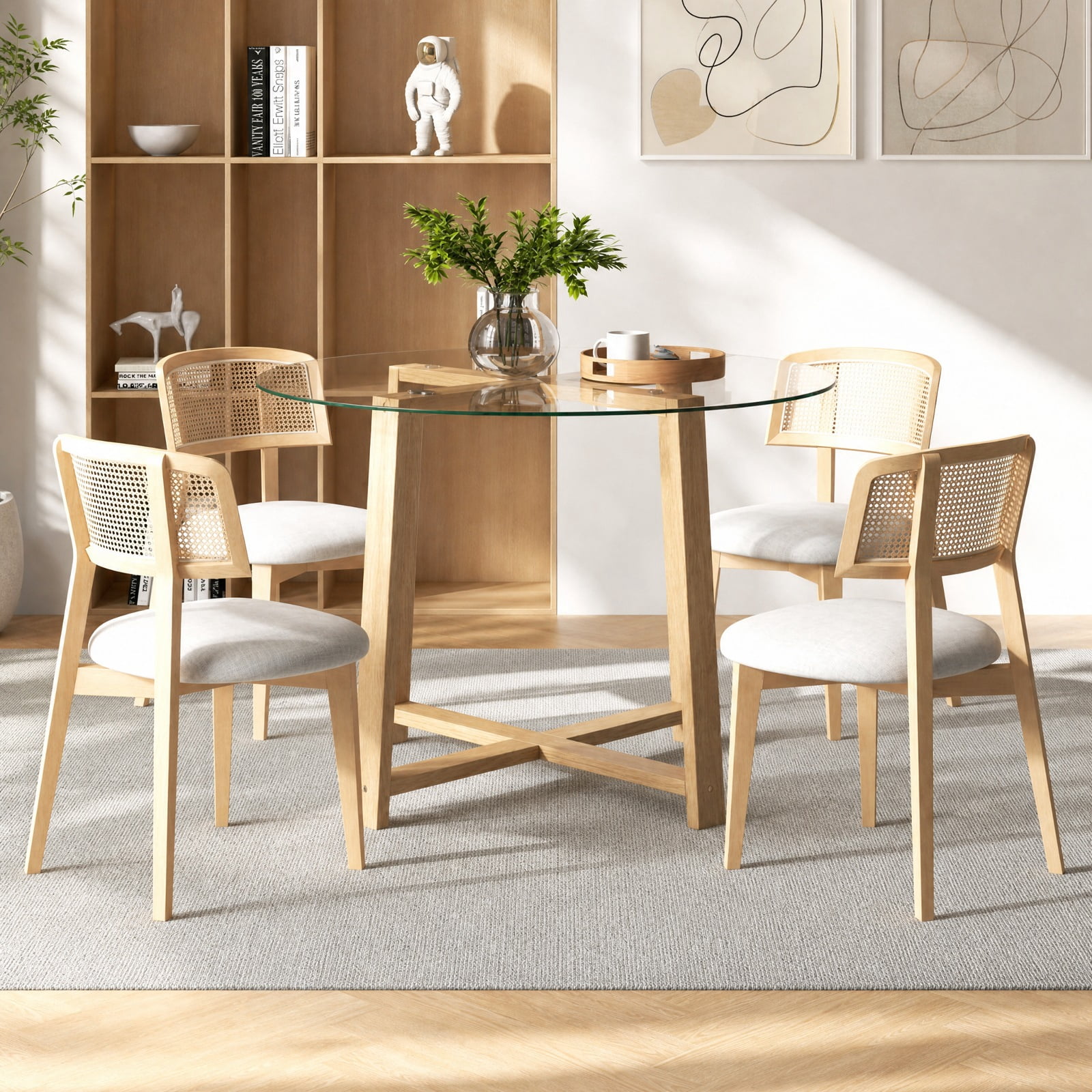Furnibear 42 Inch Round Glass Dining Table for 4 to 6 with Tempered Glass Top and Rubber Wood Legs for Kitchen and Dining Room, Natural
