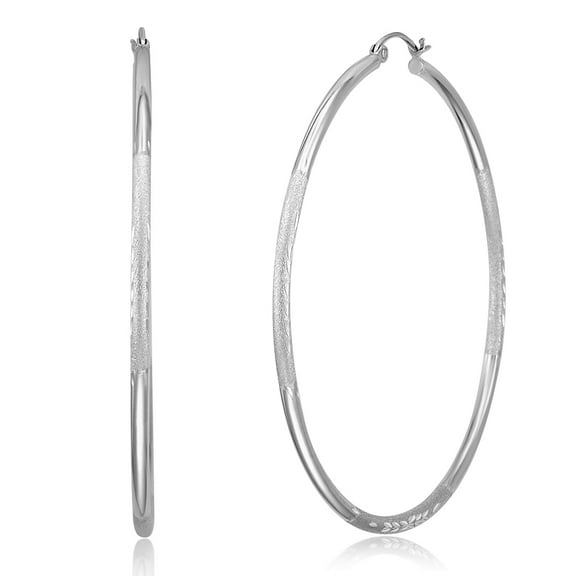 Wellingsale Ladies 14k White Gold Polished Diamond Cut Satin 2mm Hoop Earrings (65 x 65 mm)