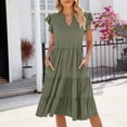 thumbnail image 2 of Vestido de Verano de Manga Corta para las Mujeres Moda Casual Cuello en V Vestido con Ruffles, Poliéster Ligero de Color Sólido para Fiestas, Bodas Y Diario, 2 of 7