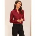 thumbnail image 2 of Camisa de satén con volantes para mujer Blusa de oficina de trabajo con botones de manga larga y linterna borgoña XS, 2 of 6