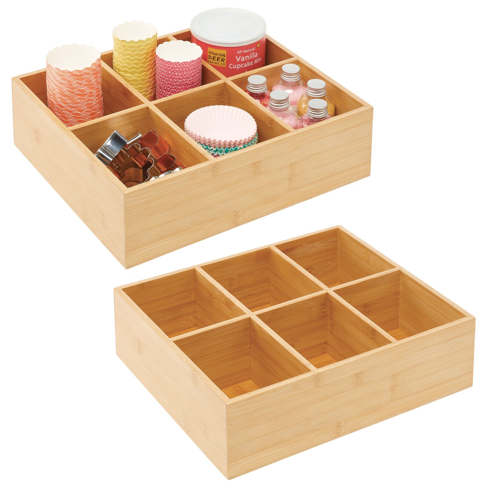 mDesign Bamboo Kitchen Pantry Organizer Bin Box, 6 Sections Wooden Stackable Basket Crates for