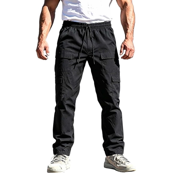 Gytharion Mens Cargo Long Pants Soild Color Pockets Work Pants Elastic Waist Drawsting Outdoors Trousers