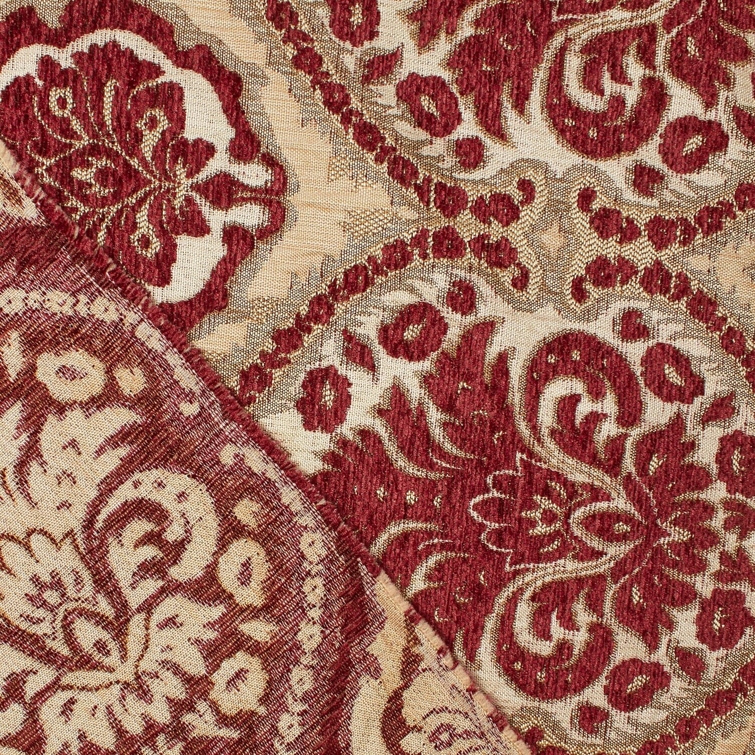 Baroque Floral Two Tone Chenille 57" Heavyweight Upholstery Jacquard Polyester Fabric By The Yard (Beige / Burgundy, 1 Yard)