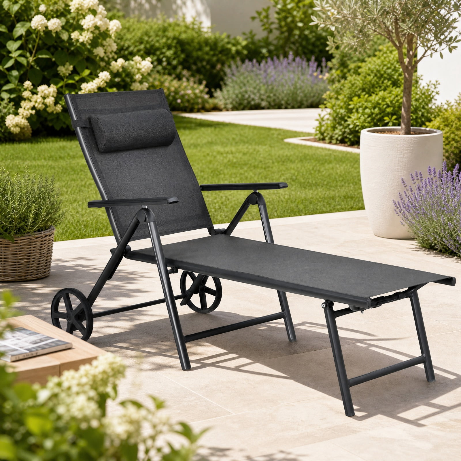 Furnibear Patio Lounge Chair with Wheels Neck Pillow 7 Position Backrest and Rustproof Aluminum Frame for Poolside Backyard and Patio, Gray