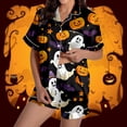 thumbnail image 2 of 2 Piece Sets for Women â Button Pajama Sets for Nursing, Postpartum or Home Lounging Comfort Women's Halloween Color Printed Silk Satin Short Sleeve Button Sleepwear Set, 2 of 8