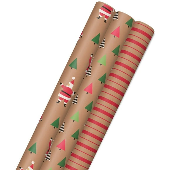 Hallmark Recyclable Kraft Wrapping Paper (Santas, Trees, Stripes Christmas)