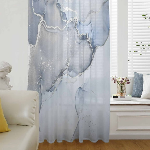 Marble Blue Semi Sheer Curtains Drapes for Living Room, Bedroom, French Doors Window 45 Inches Long, Modern Abstract Ink Painting Luxury Rod Pocket Chiffon Curtain Drapery Voile Draperies Panel