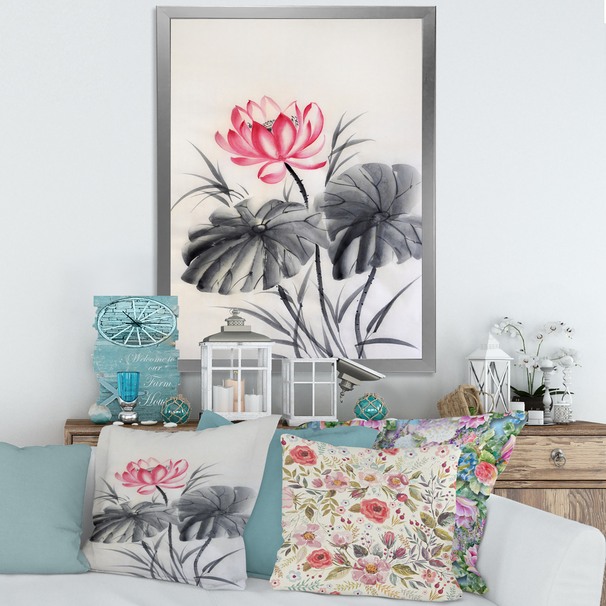 Designart 'Two Monochrome Leaves With Lotus Flower' Traditional Framed Art Print