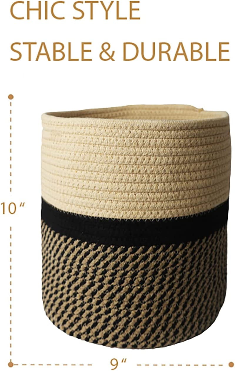 omh ORGANIZE MY HOME Decorative Baskets for Plants| 9- & 11-inch Pots for Indoor Plants | Floor Planter Pot Cover | Rope Plant Basket for Indoor (Small 9" Round, Tan/Black)