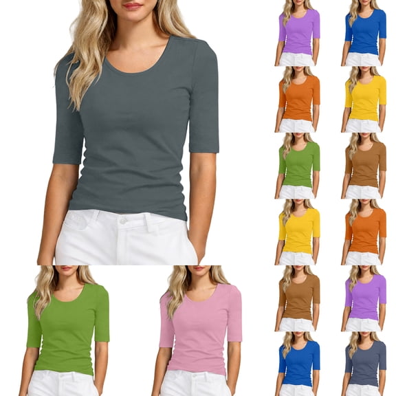 Slim Fit Mid Sleeve Crew Neck T Shirt for Women - Breathable Cotton Basic Tee for Casual Wear and Layering Solid Color Top