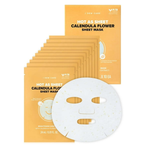 I DEW CARE Masque en Feuille Calendula aux Herbes Réelles - Chaud comme une Feuille Éclaircissant et Apaisant pour Peau Sèche avec Extrait de Fleur de Calendula, 2 % Niacinamide, 10EA