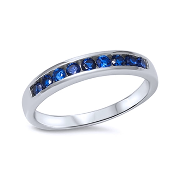 Women's Sterling Silver Round Deep Blue Color CZ Band Anniversary Ring 4MM ( Size 3 to 12 )