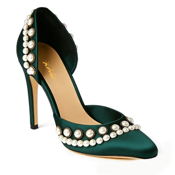 XYD Women Elegant Pearls D'Orsay Pumps Pointed Closed Toe Stiletto High Heels Slip-on Dress Evening Shoes Size 7 Green