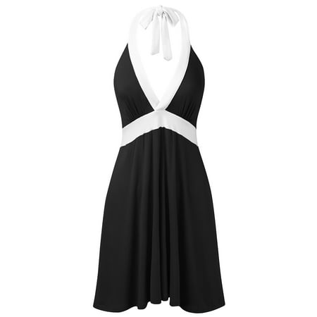 Halti Halter - Doublju Womens Halter Neck Sleeveless Casual Short Dress BLACKWHITE S