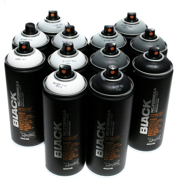 Montana BLACK 400ml Set of 12 Graffiti Street Art Mural Spray Paint (Grey Scale)
