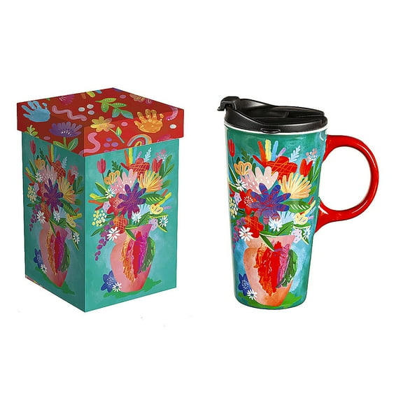 Ceramic Perfect Travel Cup, 17oz, w/ Gift Box, Flowers in Vase