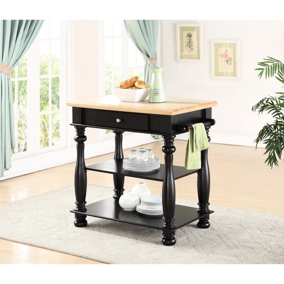 Black Kitchen Island With Storage Facility, Cutting Board, 2 Shelves & Towel Rail, Solid Wood Drawer, And Bar, , Brazilian Vigor