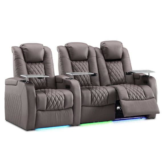 Weilianda Luxury Series Home Theater & Gaming Seating - Power Recliner Set,Top Grain Leather,Dual Electric Headrests,Tray Table,Type-C USB Ports,Row of 3,Loveseat right,Gray