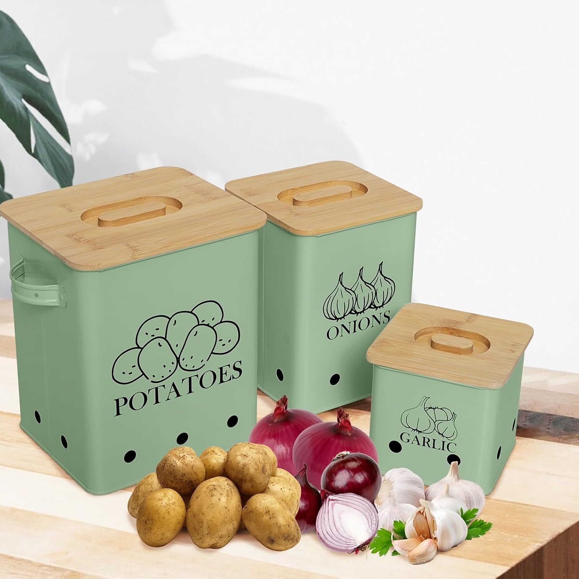 Pethiy Kitchen Canisters Set, Storage Bin for Potato Onion & Garlic, 3 Pack Set Countertop Pots Containers with Wooden Lid - Potato Storage, Garlic Bin, Onion Keeper Tin with Aerating Holes-Green