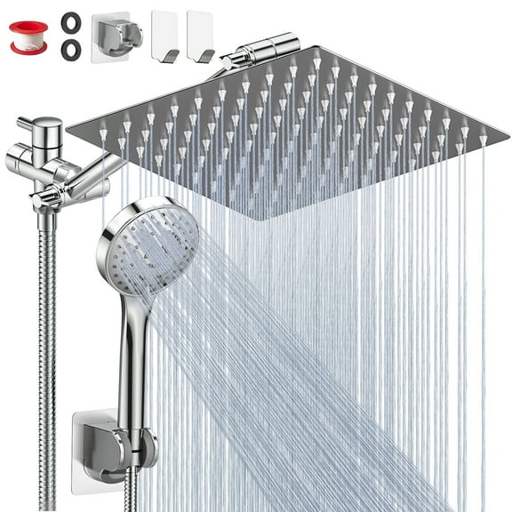 GPED Shower Head, 12” High Pressure Rainfall/Handheld Shower Combo with 11” Extension Arm(Adjustable Height/Angle), Handheld Shower Head with 5 Modes & Holder, Anti-leak 60" Hose, Chrome