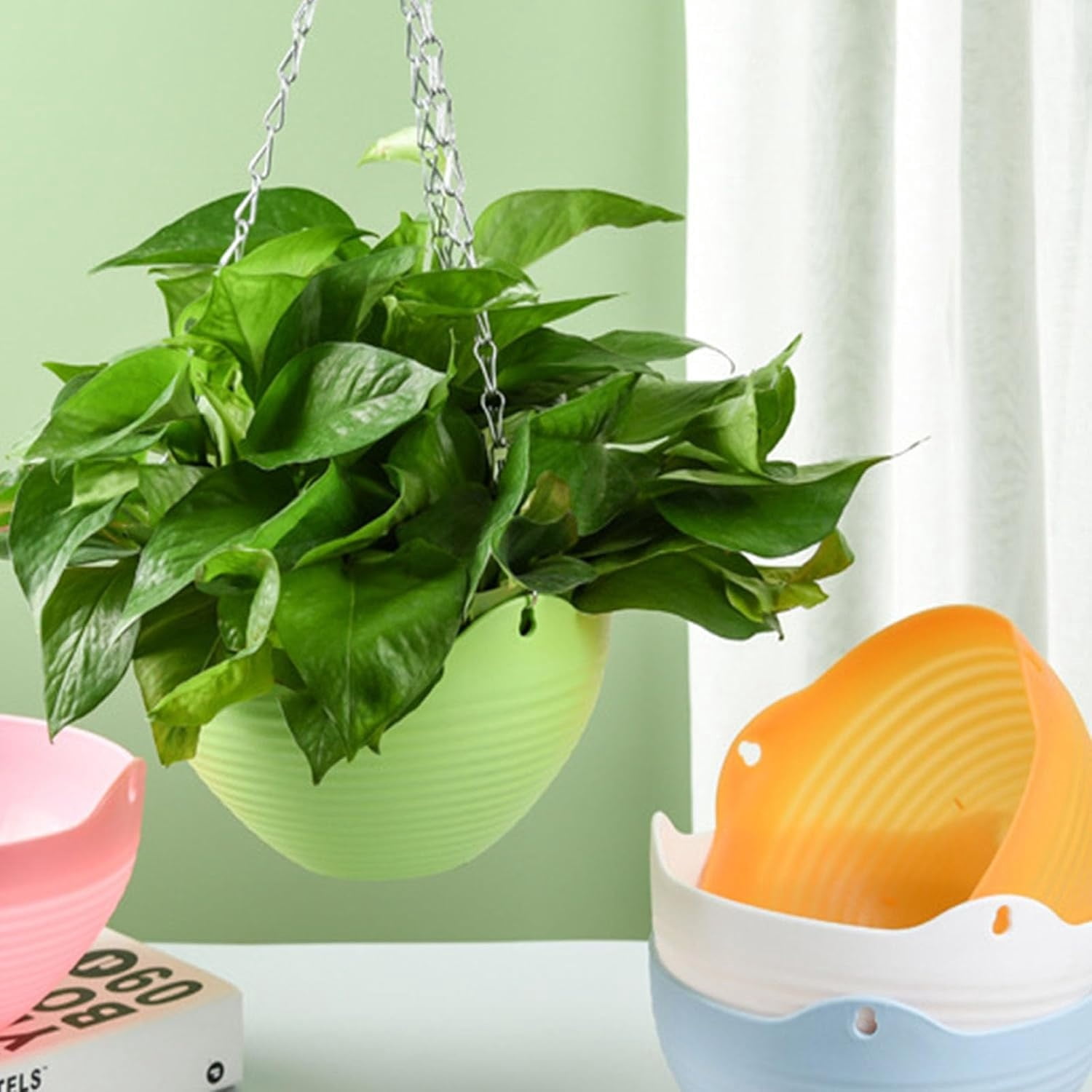 Hanging Plastic Planter Pot,Colorful Garden Flower Plant Pot with Drainer Chain for Indoor Use,HXRH Reusable Hanging Flower Basket for Outdoor,Garden