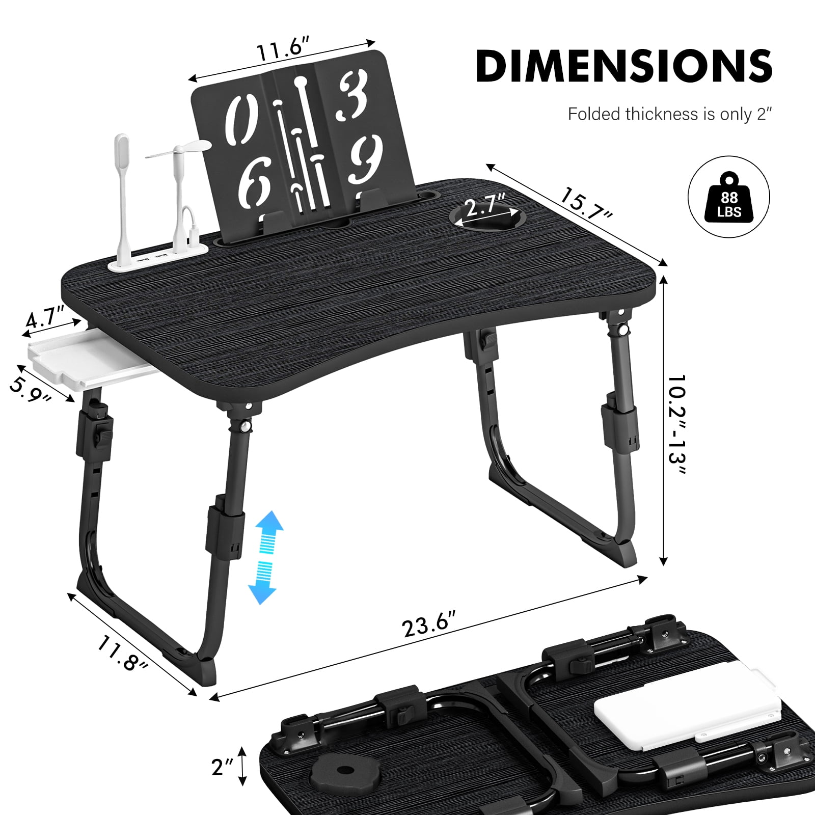 Foldable Laptop Desk,Height Adjustable,with USB/Storage Drawer/Cup Holder/Tablet Stand/Book Shelf for Reading,Writing,Eating,Watching,Black