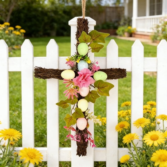 Wreath Decoration​ Dark Twig Cross Shape Wreath Colorful Egg and Bloom Accent Belief Decor Easter Decorations for Door Wall Festive