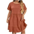 thumbnail image 2 of Delliss Women's Plus Size Solid Color Dress Pleated Tiered Round Neck Short Sleeve Flounce Hem Dress, 2 of 8