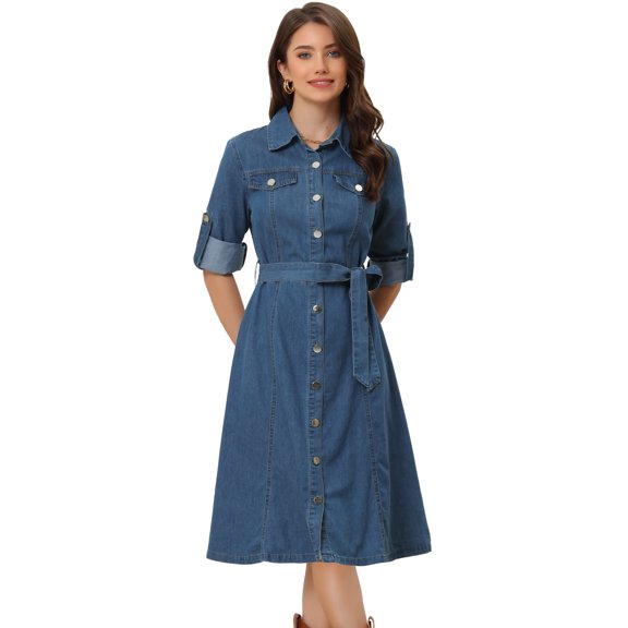 Vestido Camisero de Mezclilla para Mujer con Botones de Manga Larga Vestido Vaquera con Cinturón Vestido Clásico Jean Azul L
