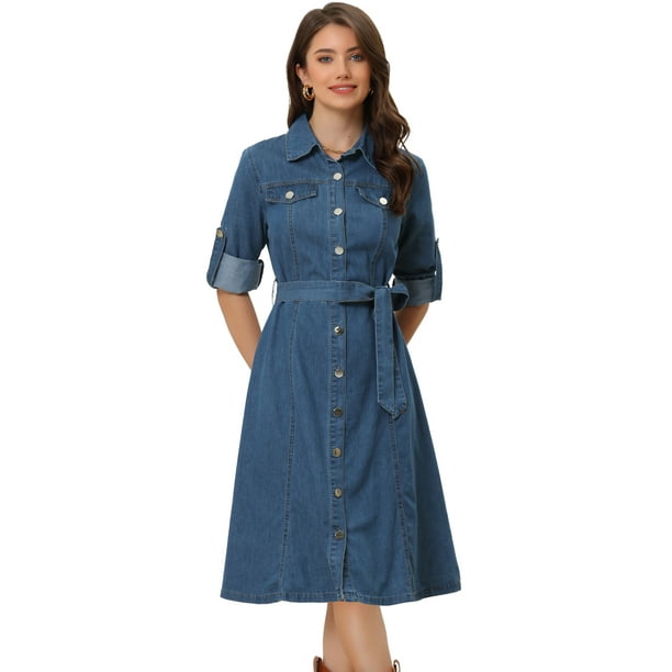 Vestido Camisero de Mezclilla para Mujer con Botones de Manga Larga Vestido Vaquera con Cinturon Vestido Clasico Jean Azul XS Allegra K Vestidos Bodega Aurrera en linea