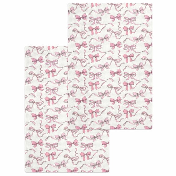 Pink Ribbon Kitchen Dish Towels for Drying Dishes Set of 2, Modern Abstract String Geometric Bows Beige Waffle Weave Microfiber Hand Tea Bathroom Towels Quick Dry & Absorbent Towel 15.7x23.6